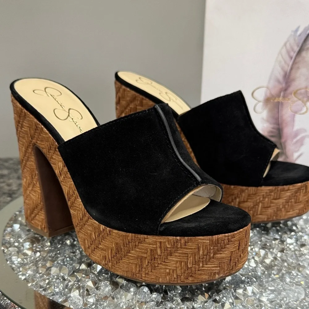 Jessica Simpson Black Suede Platform Mule Heels with Woven Brown Platform